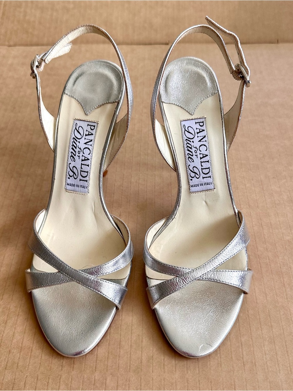 Pancaldi For Diane B. Silver Leather Slingback Heel Sandals